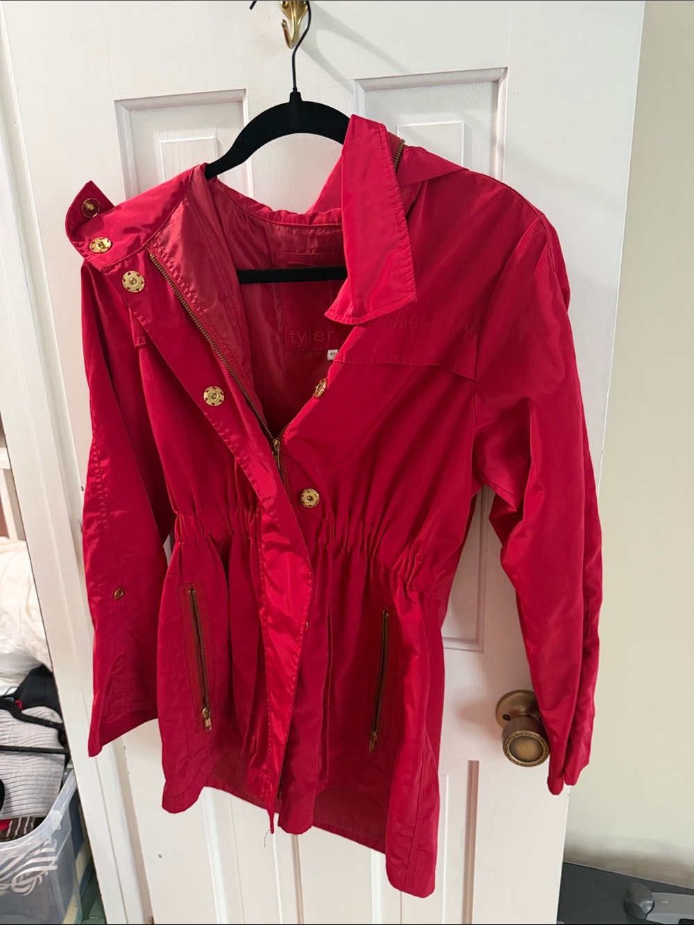 Tyler Boe Bright Red Hooded Trench Coat with Gold Hardware